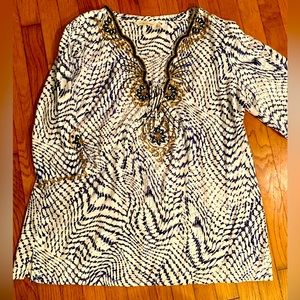 Soft surroundings beaded and embroidered 3/4 sleeve tunic top in blue & white XL